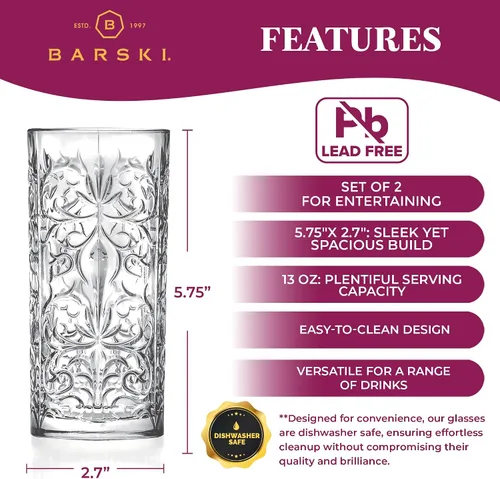 Vista 5 de Barski Highball Glass - Vasos para beber – Juego de 2 vasos Hiball – Vaso de cristal – para agua, jugo, cerveza, cócteles mixtos, vaso de mojito