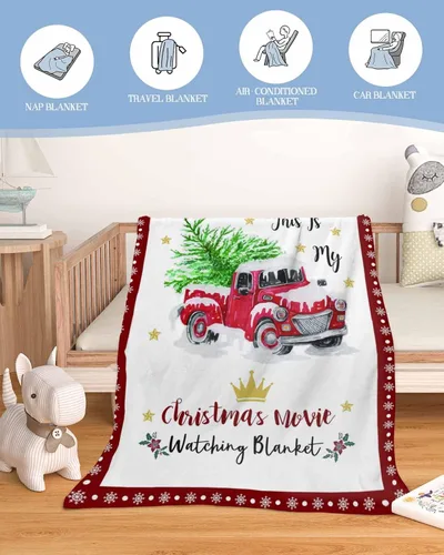 Vista 2 de Manta de forro polar suave con diseño de árbol de Navidad con texto en inglés «This is My Christmas» para ver películas navideñas, sofá, silla, sala