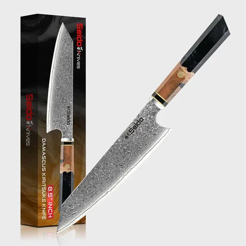 Vista 9 de Seido Knives Kiritsuke - Cuchillo de chef de acero Damasco, mango de madera estabilizado con resina epoxi, cuchillo de cocina profesional VG10