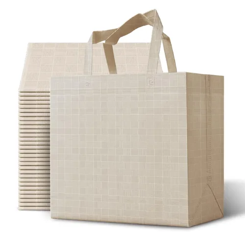 Vista 12 de Bagways Paquete de 30 bolsas de compras reutilizables con asas, duraderas, plegables, lavables, ecológicas, de 14x6.5x14 pulgadas, diseño beige/verde
