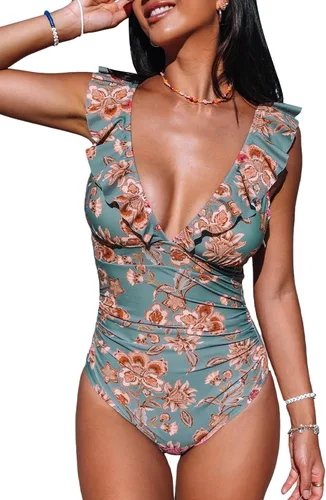 Vista 14 de CUPSHE Traje de baño de una pieza para mujer, con cuello en V, fruncido y Negro