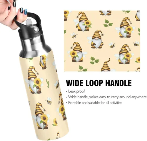 Vista 4 de Insulated Stainless Steel Water Bottle with Straw 20 Oz, Leakproof Water Bottles for Gym Outdoor Travel School, Gnomes Bees