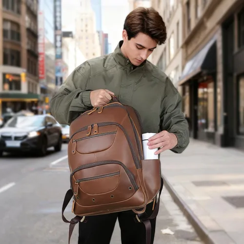 Vista 9 de TIDING Mochila de cuero para hombre para laptop de 16 pulgadas y 15.6 pulgadas, bolsa de trabajo vintage de viaje de negocios, mochila grande