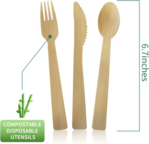 Vista 2 de Tenedores 100% de bambú – Utensilios desechables, biodegradables y compostables, cubiertos reutilizables o desechables para bodas, campamentos