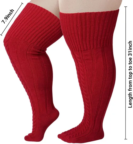 Vista 3 de Calcetines altos de lana de talla grande para muslos gruesos, extra largos para mujer, de punto trenzado cálido sobre la rodilla, calentadores