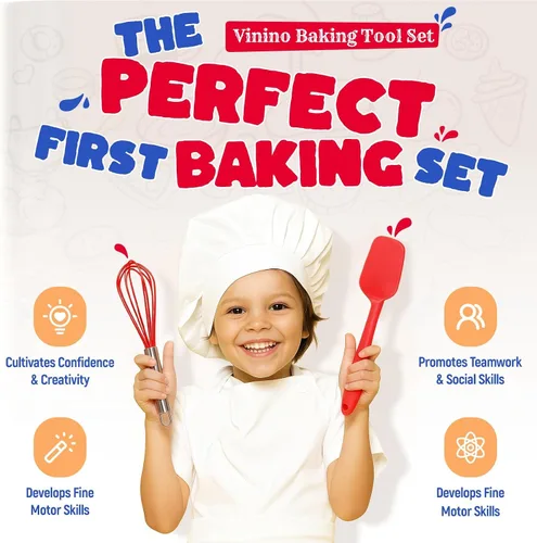 Vista 4 de Vinino Juego de 11 piezas para hornear y cocinar para niños, utensilios de hornear reales con libros de cocina para niños, accesorios de cocina