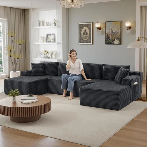 Vista 23 de Sofá modular moderno de 96 pulgadas para sala de estar, sofá modular tapizado sin hueso con bolsillos, cómodo sofá nube con diván en forma de L Negro