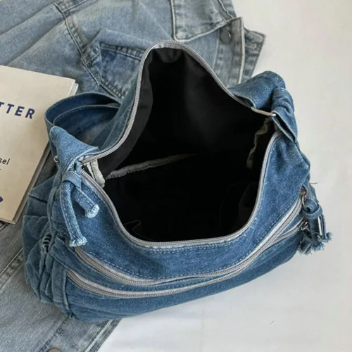 Vista 3 de Bolso de hombro grande retro para mujer de lona de denim, bolso cruzado de denim, bolso ligero informal, bolso de mano con asa superior