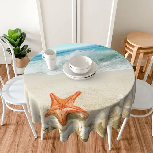 Vista 7 de Sweetshow Mantel redondo de playa de verano de 60 pulgadas, impermeable, de poliéster, lavable, diseño circular de arena con estrellas de mar y olas