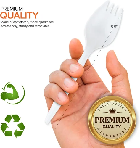 Vista 3 de Sporks desechables (paquete de 50) tenedores de plástico blanco, sin BPA, seguros para niños, utensilios 2 en 1, cuchara de tenedor de peso pesado