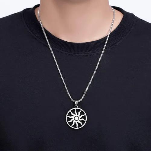 Vista 3 de Collar de sol para hombres y mujeres, colgante de luz redonda de plata, vintage, único, fresco, collar de sol, acero de titanio, joyería de cadena