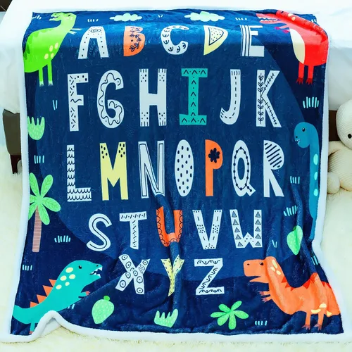 Vista 2 de Manta ABC del alfabeto para niños pequeños, manta suave de dinosaurio azul para niños, regalos ABC para niños (dinosaurios, 50 x 60 pulgadas)