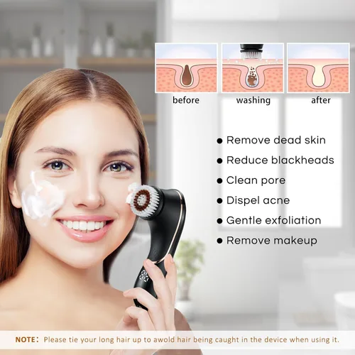 Vista 5 de Cepillo de limpieza facial, exfoliante facial, recargable, IPX7, impermeable, dispositivo limpiador eléctrico giratorio para exfoliar, masajear
