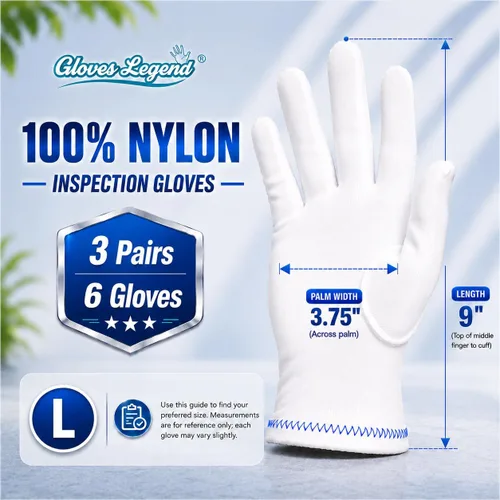 Vista 2 de Guantes de inspección de nylon blancos para la joyería, moneda, reloj y manejo de arte