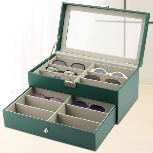 Vista 7 de Organizador de almacenamiento de lentes de sol de 12 ranuras, de doble capa, de cuero, con cerradura, caja de almacenamiento con cajón para mujeres