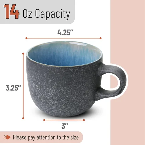 Vista 3 de BTAT - Juego de tazas de café de porcelana, 14 onzas (14.0 fl oz), paquete de 6, tazas de café de cerámica, negro mate exterior y colorido