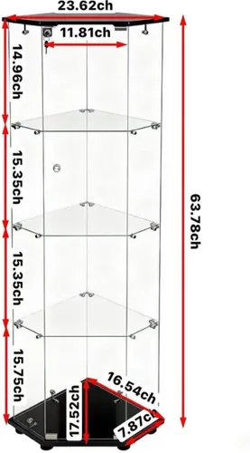 Vista 2 de Armario esquinero de cristal templado con 4 estantes de 64 pulgadas de alto, gabinete de licor de 5 lados con luces LED, bloqueo y pies ajustables
