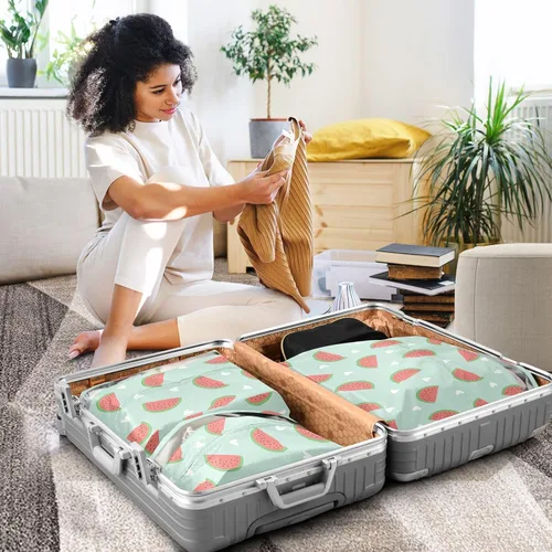 Vista 5 de Bolsa de ropa de almacenamiento de armario, ahorro de espacio de equipaje, sandía, impermeable, 3 juegos de cubos de embalaje de viaje