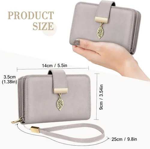 Vista 5 de Cartera pequeña con bloqueo RFID para mujer, de cuero, compacta, plegable, con 18 ranuras para tarjetas, con bolsillo para monedas, Marrón marchito