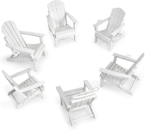 Vista 22 de Silla Adirondack plegable de HDPE, silla de patio al aire libre con soporte para tazas, silla de césped de grano de madera resistente a