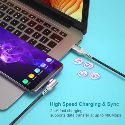 Vista 3 de Cable USB a C, paquete de 3 cables de carga rápida tipo C de 10 pies en ángulo recto, nailon trenzado USB A a USB-C, cable de carga de teléfono Negro