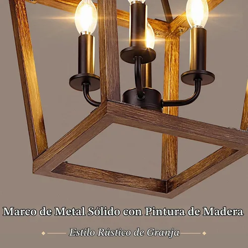 Vista 2 de Lámpara de araña estilo granja para cocina y comedor, lámpara colgante rústica de 4 luces para techo con altura ajustable en acabado de madera