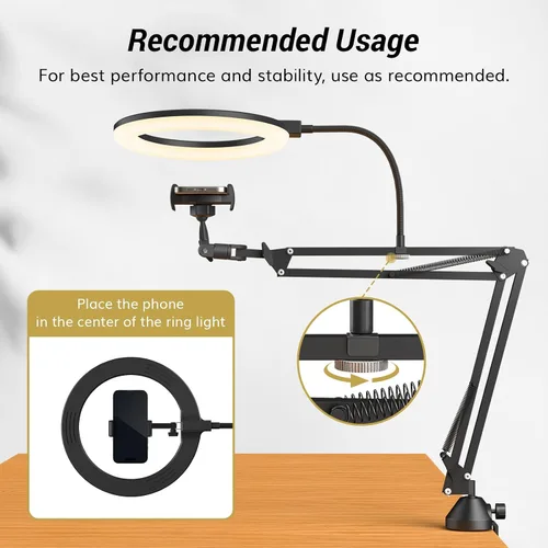 Vista 16 de TONOR Kit de luz de anillo superior, luz de anillo de 10 pulgadas con brazo de pluma Heayy Duty y soporte para teléfono, ángulo ajustable, adecuado