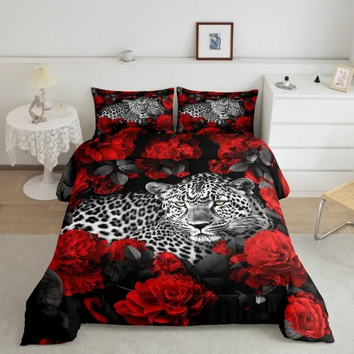 Vista 15 de Erosebridal Juego de ropa de cama de guepardo con rosa azul, juego de edredón con estampado de leopardo y gato, edredón romántico de plumón
