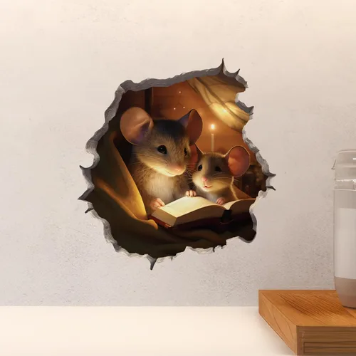 Vista 4 de Calcomanía de ratón para padres e hijos con agujero de ratón, calcomanía de pared 3D con agujero de ratón