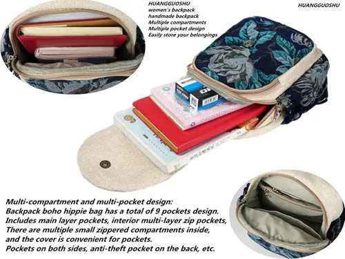 Vista 142 de HUANGGUOSHU Mochila de algodón tejida de algodón bohemio con bordado de lona estilo bohemio con múltiples bolsillos retro linda mochila cartera