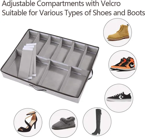 Vista 2 de HOONEX Organizador de almacenamiento de zapatos debajo de la cama con separadores ajustables, soporte para zapatos con asas de cuero, 1 paquete