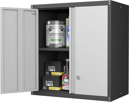 Vista 15 de Gabinete de almacenamiento de metal con cerradura, gabinete de pared de garaje de 12.8" H, almacenamiento de acero con puertas, organización