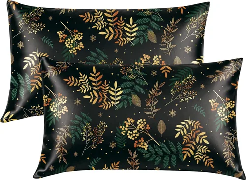 Vista 29 de EXQ Home - Funda de almohada de satén para cuidar el cabello y la piel, tamaño estándar, de seda con estampado negro, juego de 2 fundas con cierre