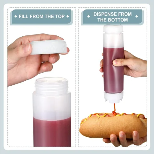Vista 6 de Sabary 6 botellas exprimibles de condimentos de 16 onzas para salsa, botellas de plástico invertidas con calcomanías y embudo, válvula grande sin