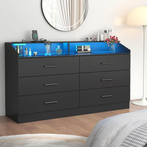 Vista 6 de Gyfimoie Cómoda de 6 cajones con toma de corriente, cómoda con luz LED, cómoda moderna con cubículo de almacenamiento abierto, organizador de Negro