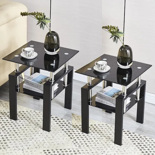 Vista 10 de Mesa auxiliar de vidrio moderna para sofá, mesa de centro pequeña, mesa de centro negra, mesa de sala de estar, mesita de noche cuadrada, muebles