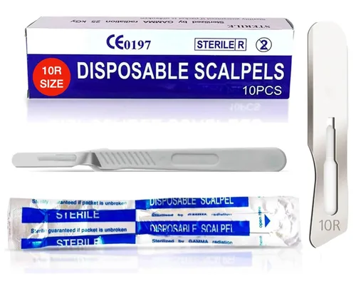 Vista 10 de MedHelp Escalpelos Desechables 10 - Herramienta de Dermaplaning Escalpelos 10 con Mango de Plástico, Hojas de Dermablade de Acero de Alto Carbono