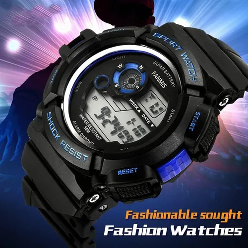 Vista 7 de Fanmis Reloj digital digital multifunción para hombre, electrónico, impermeable, con alarma, reloj deportivo de cuarzo, Azul Patchwork
