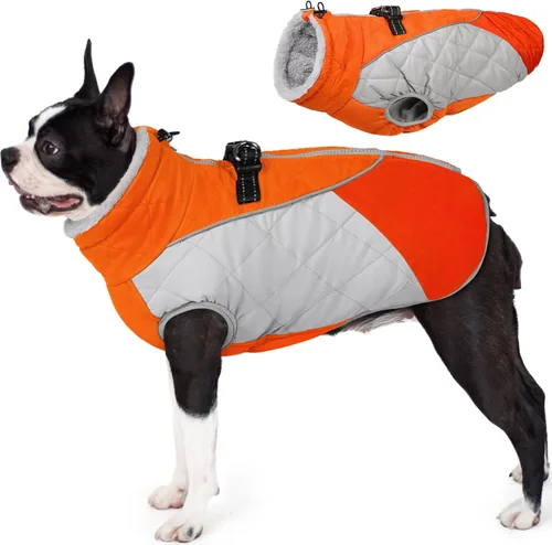 Vista 14 de AOFITEE Abrigo para perro, chaquetas cálidas para perros pequeños, abrigo de invierno para perros con arnés integrado, chaqueta de invierno