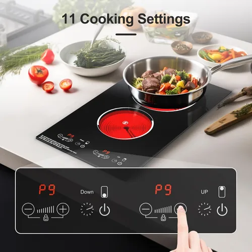 Vista 5 de Placa de cocina eléctrica, integrada y de encimera de 2 quemadores eléctricos para cocinar, 2400W 110V, 11 configuraciones de potencia, temporizador