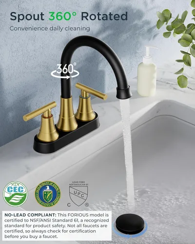 Vista 4 de FORIOUS Juego central de grifos de baño negros y dorados, grifo comercial Negro y dorado