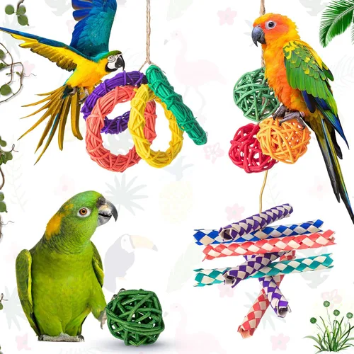 Vista 5 de Hiboom 200 juguetes para pájaros: 100 trampas para dedos, 60 bolas de ratán, 40 anillos de vid, bolas de mimbre de loro, cacatúas y periquitos