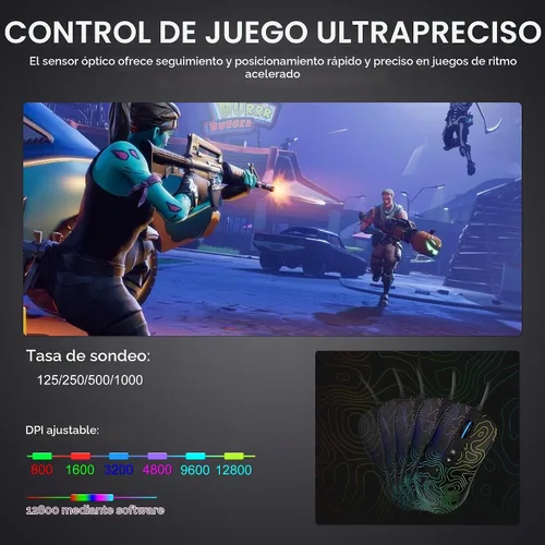 Vista 6 de dagaladoo Ratón negro para juegos con cable, 12800 DPI RGB mouse para juegos con 7 efectos de iluminación, mouse para juegos de PC, compatible