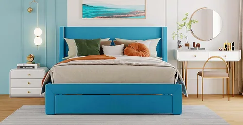 Vista 7 de Anwick Base de cama de terciopelo de tamaño matrimonial con cajón de almacenamiento, cama moderna tapizada con cabecera y listones de madera maciza