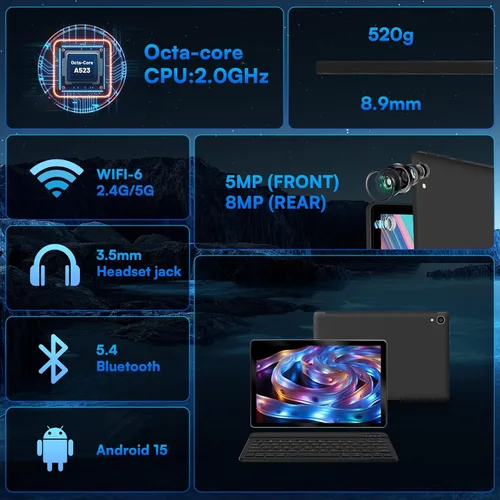 Vista 2 de HiGrace 2025 última tablet Android 15 mejorada de 10 pulgadas, 24GB+128GB+1TB de expansión, WiFi 6 BT 5.4, carga rápida Type-C, cámara dual
