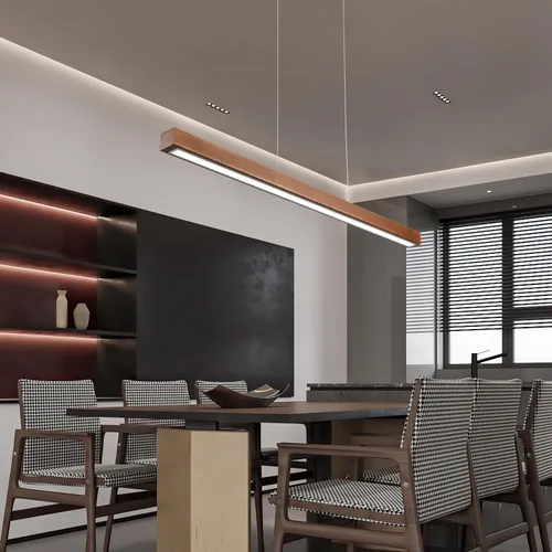 Vista 5 de Lámpara colgante lineal de madera de 31.5" – Lámpara de araña LED regulable con control remoto, iluminación moderna ajustable de estilo granja