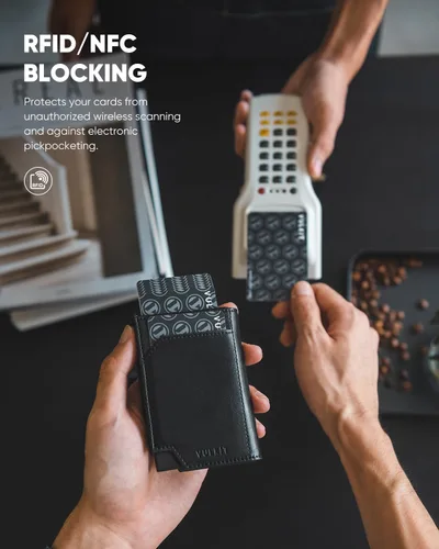 Vista 4 de VULKIT Billetera desplegable de metal para hombre, con bloqueo RFID inteligente, tarjetero de crédito, cierre magnético, billeteras triples de cuero