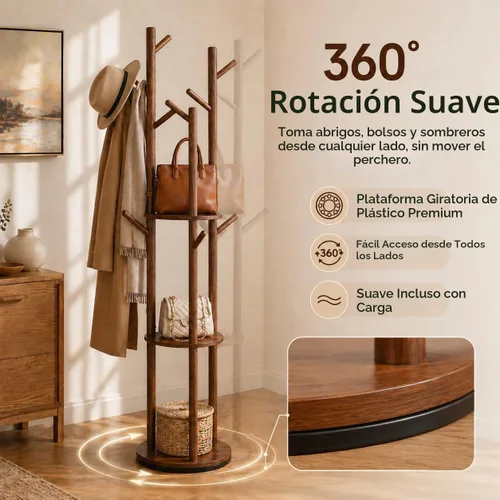 Vista 2 de Perchero giratorio de madera maciza independiente, árbol de 360° con 3 estantes y 9 ganchos, soporte de madera de caucho resistente, perchero