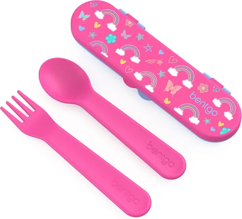 Vista 10 de Bentgo Juego de utensilios para niños, tenedor, cuchara y estuche de almacenamiento de plástico reutilizable, materiales sin BPA, asas de fácil