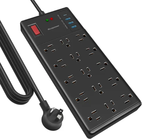 Vista 8 de Regleta de alimentación con protector de sobretensiones, 15 tomas de corriente ampliamente espaciadas y 4 puertos USB (1 puerto USB C), cable